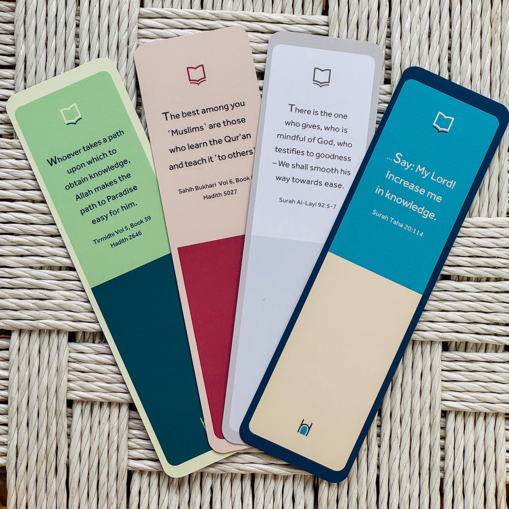 Foster spiritual growth with Hidayah Bookmarks. Each bookmark showcases a meaningful lesson from the Quran or Hadith, designed to enrich your reading and study sessions with Islamic wisdom.