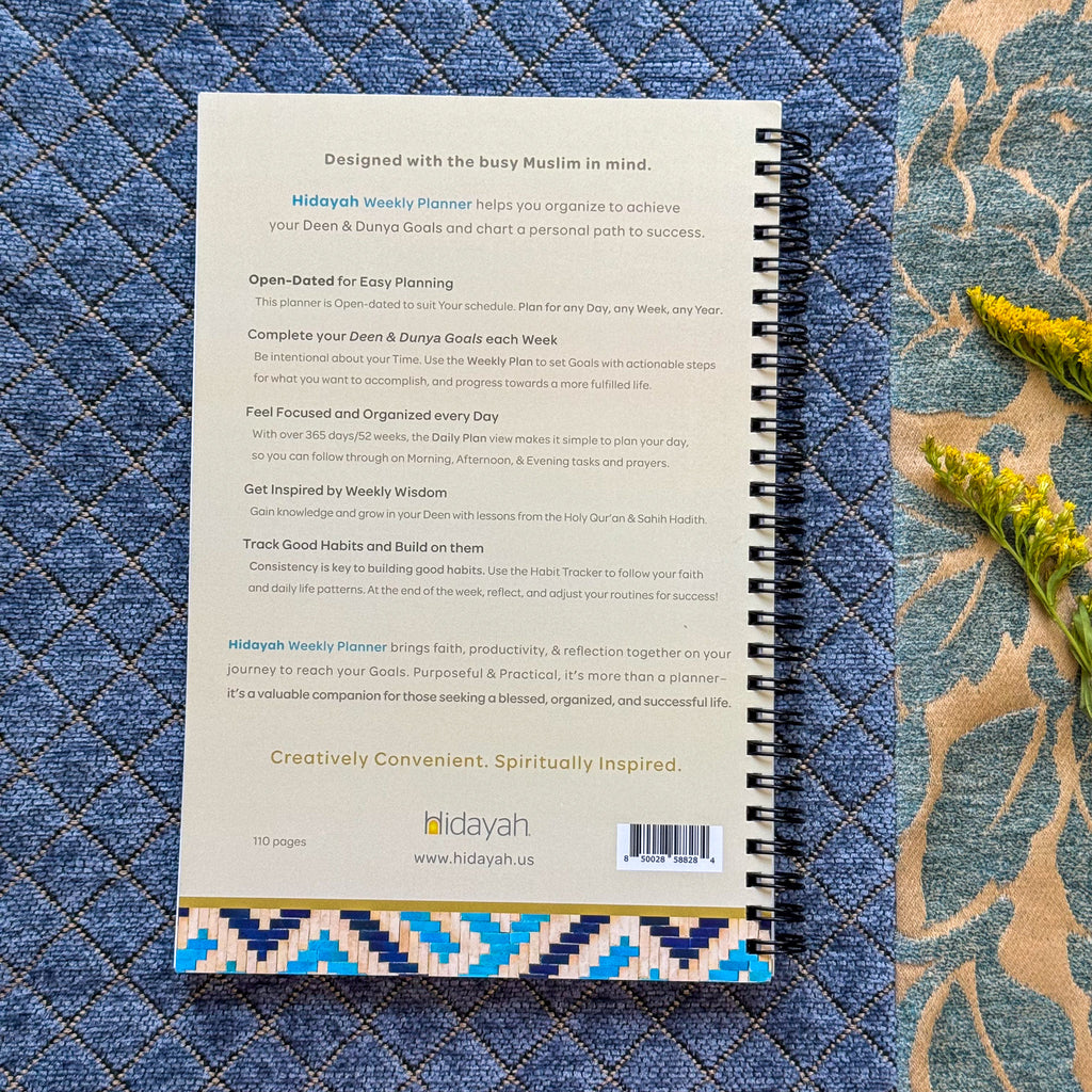 Boost productivity and spiritual growth with the Hidayah Weekly Planner. Available in vibrant colors: Tiled Turquoise, Starry Slate, Moroccan Red.